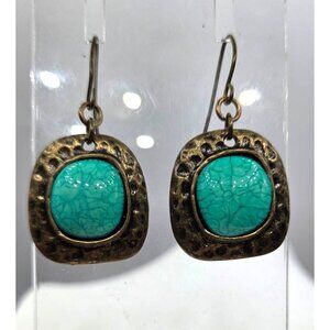 Vintage Bronze Dangle Earrings With Turquoise-Colored Crackle Stone Accents For